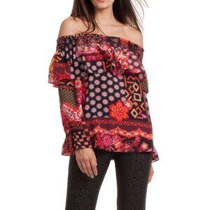 Trina Turk Off-Shoulder Orange/Black/Pink Smocked Ruffled CANTON Blouse, XSmall